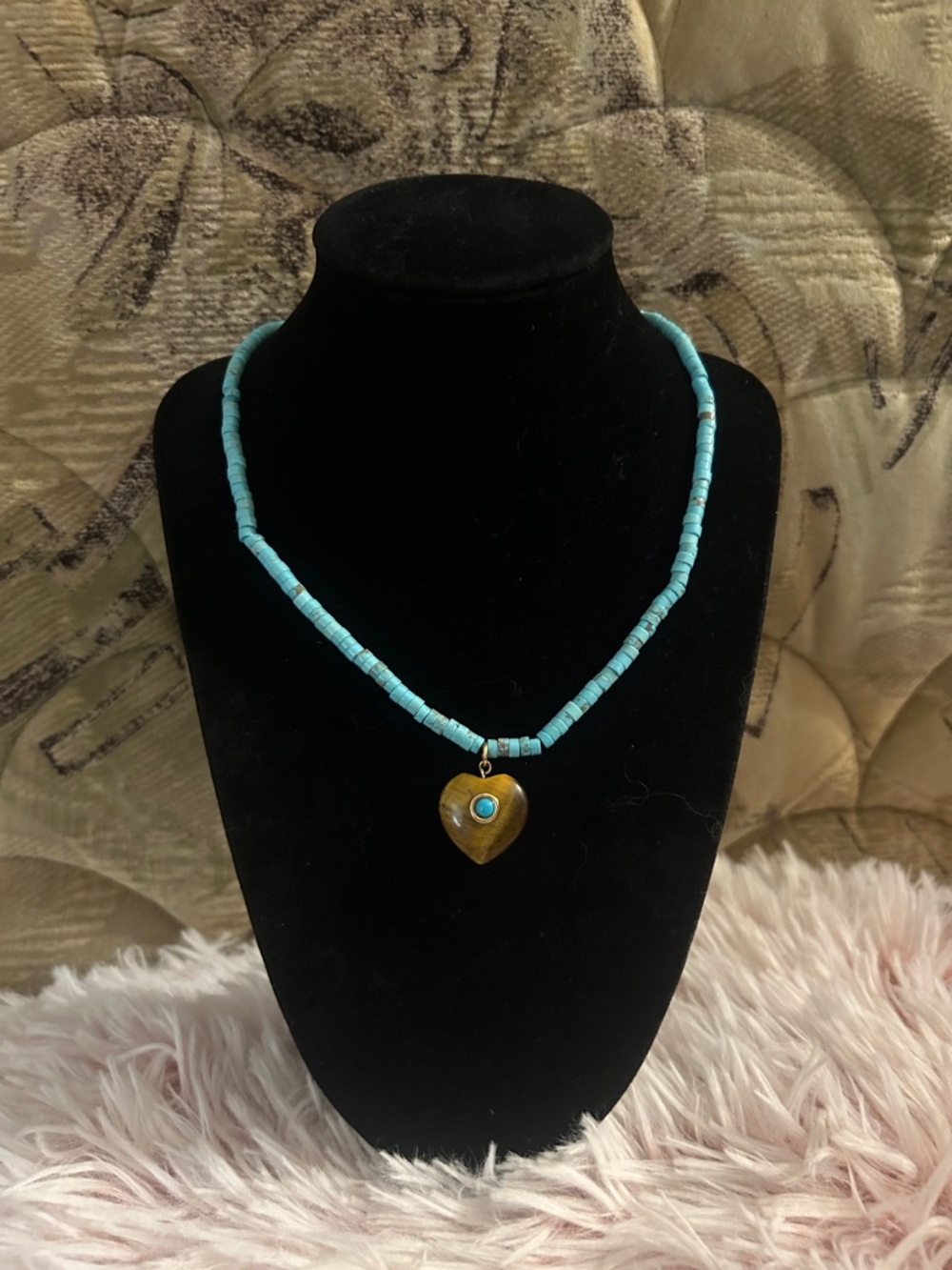 MAYAMAR Turquoise Beaded Necklace with Tigers Eye Heart Pendant - 19.5 inches NW